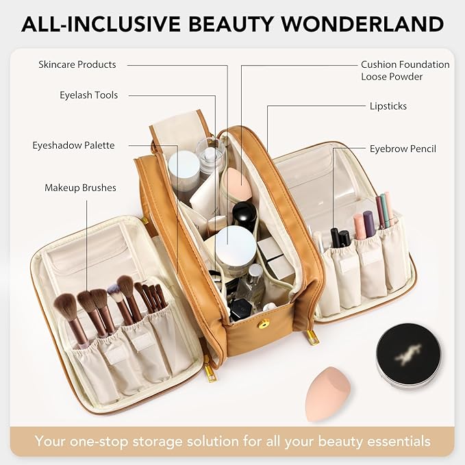 Travel Makeup Bag Women's Large Capacity Cosmetic Portable Organizer Large Opening Waterproof Storage Toiletry Bags Vertical Free-Standing Brush Holder for Easy Access Orange