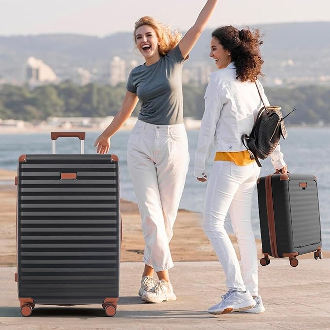 Merax Luggage Sets Front Opening, 3 Piece Hardshell Suitcase with Spinner Wheels and Bags,Lightweight Carry on Luggage with USB Port and Cup Holder,20+24+28,Black and Brown