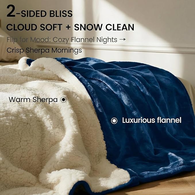 King Size Waterproof Blanket for Bed Couch, 80'' x 80'' Double Side Leakproof Reversible Sherpa Flannel Fleece 3-Layer Lightweight Blanket, Absorbs 70oz(Navy Blue/White), Machine Washable