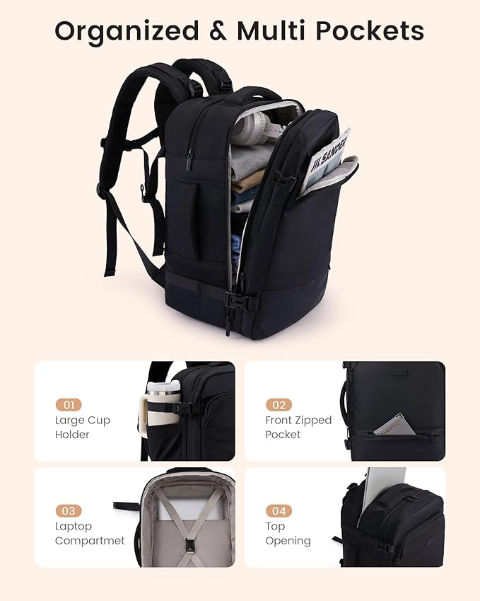 LOVEVOOK Travel Backpack for Women & Men, Carry On Backpack with Cup Holder, Personal Item Travel Bag Flight Approved with Padded Laptop Compartment, Weekender Daypack With 2 Cubes, 17.3 Inch Black