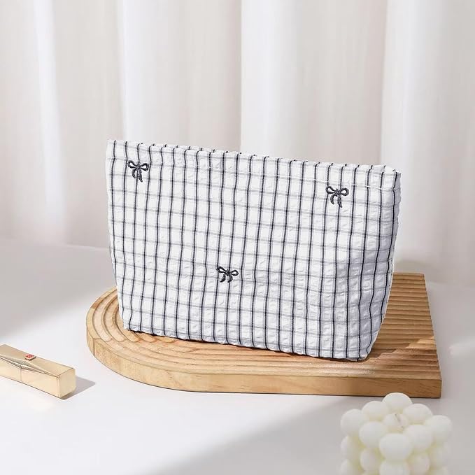 HAPPYHEIDI Makeup Bag Set for Organizing and Traveling, White Checkered Nylon Pouch, Plaid, Zipper Closure, Large 10.2x7.8 Inches