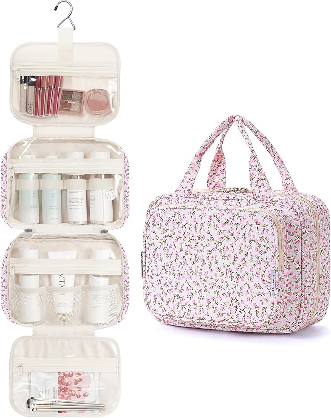 Narwey Hanging Toiletry Bag for Women Travel Makeup Bag Organizer Toiletries Bag for Travel Size Essentials Accessories Cosmetics (Pink Flower (Medium))