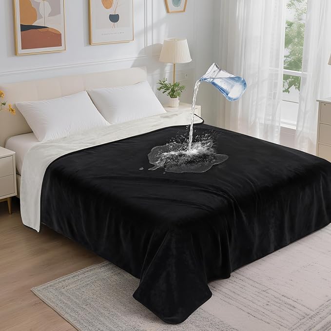 LOOBANI Waterproof Dog Blanket for Bed: Liquid Pee Proof Pet Blankets for Medium Large Dogs Washable, 80" x 90", Black & Beige
