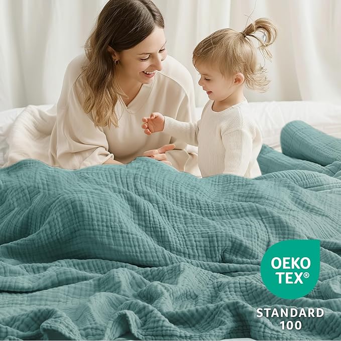 100% Cotton Muslin Blanket Queen 90" x 90", 6 Layers Breathable and Lightweight Cotton Throw Blanket for Bed, Soft Quilt Bedspread Coverlet, Gauze Blanket for Adults All Season, Teal