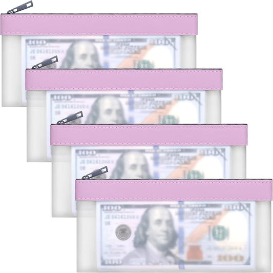 4 Pieces Money Bags With Zipper, Cash Envelopes,7.6 x 3.7 inch Money Pouch, Clear Bank Deposit Bags, Bank Bag, Cash Bag, Coin Bag for Collectors, Multi-Purpose Check Wallet （Purple）