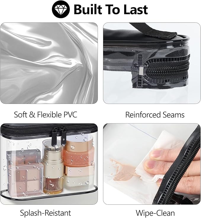 PACKISM Clear Toiletry Bag Combo Pack - 1 TSA Approved Medium & 1 Large Makeup Bag for Checked Luggage, Clear PVC Travel Bag with Handle, Dual Metal Zippers, Water Resistant Large Opening, Black