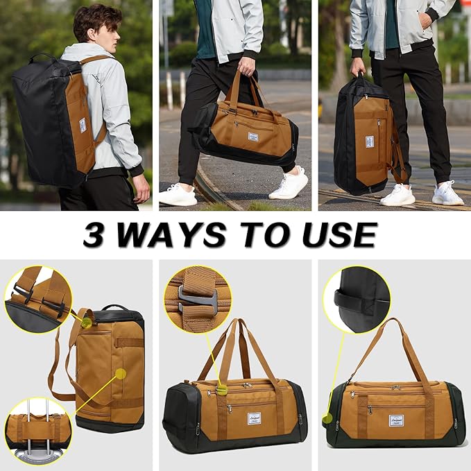 Laripwit Travel Duffle Bag for men 40L Medium Sports Gym Bag with Wet Pocket & Shoes Compartment Weekender Overnight Backpack for Traveling Duffel Bag Backpack for Women, Brown