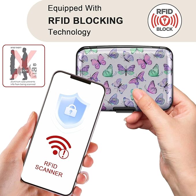 ELFISH Mini RFID Aluminum Wallet Credit Cards Holder Business Card Case Metal ID Case for Men Women(Colorful Butterflies)