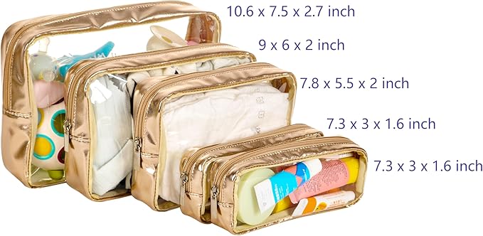 TSA Approved 5-Piece Diaper Bag Organizer Pouch Set Clear Waterproof TPU Kids Toiletry Storage Set Travel Packing Clutch Cube Bags for Baby Nursing(Gold leather)
