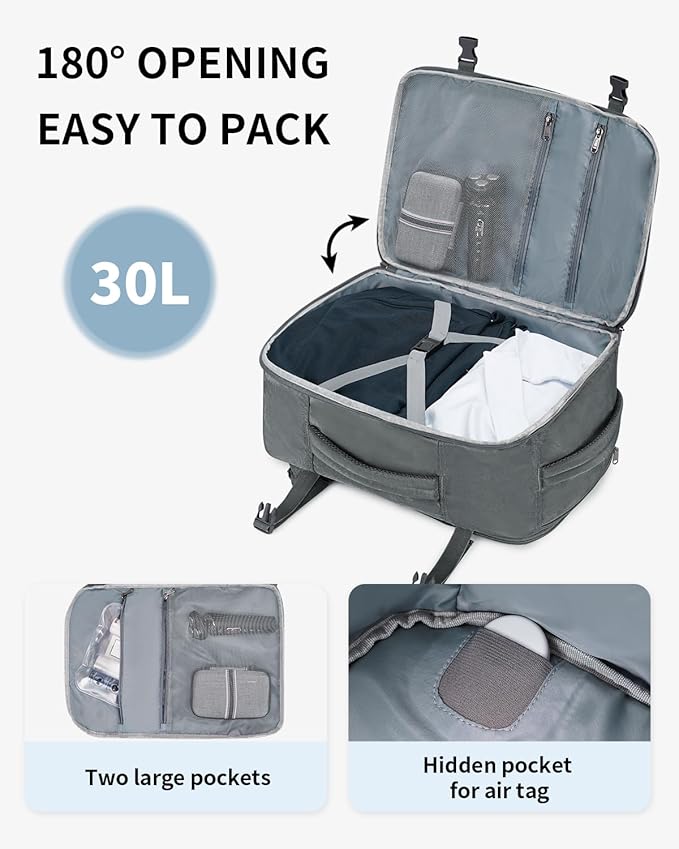 ECOHUB Travel Backpack for Men, 18x14x8 Spirit Airlines Personal Item Bag with Clear Toiletry Bag, Laptop Carry on Backpack with USB Port, Airline Approved Under Seat 14 Pockets 30L, Grey