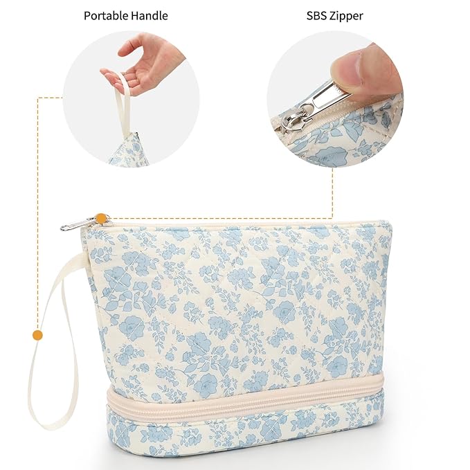 Ethereal Small Makeup Bag, 2 Layers Travel Make up Organizer Bag with Makeup Brush Holder, Portable Cosmetic Bag for Women/Girls, Blue Flower