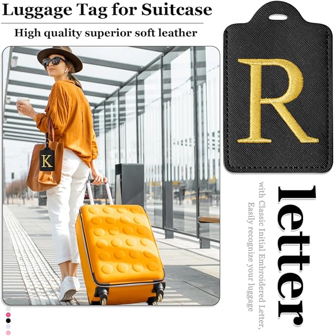 Personalized Initial Luggage Tags for Suitcases,Leather Letter Cute Luggage Tags with Privacy Name Card,Embroidered Monogrammed Travel Bag Backpack Tag Gifts for Women Kids Girls Teens(Black-R)
