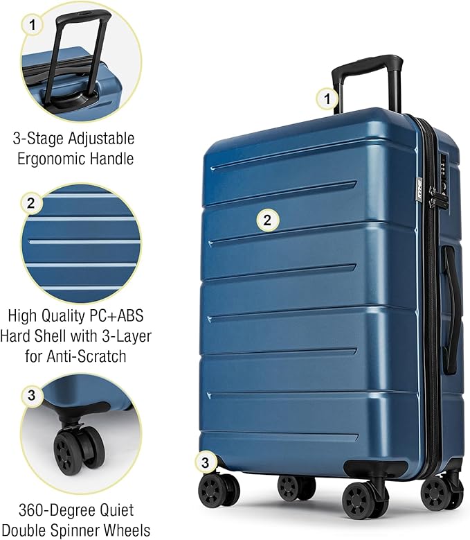 KYME 24 Inch Luggage TSA Approved Hardshell Suitcases with Spinner Wheels Durable PC+ABS Medium Checked Travel Luggage for Women Men Blue