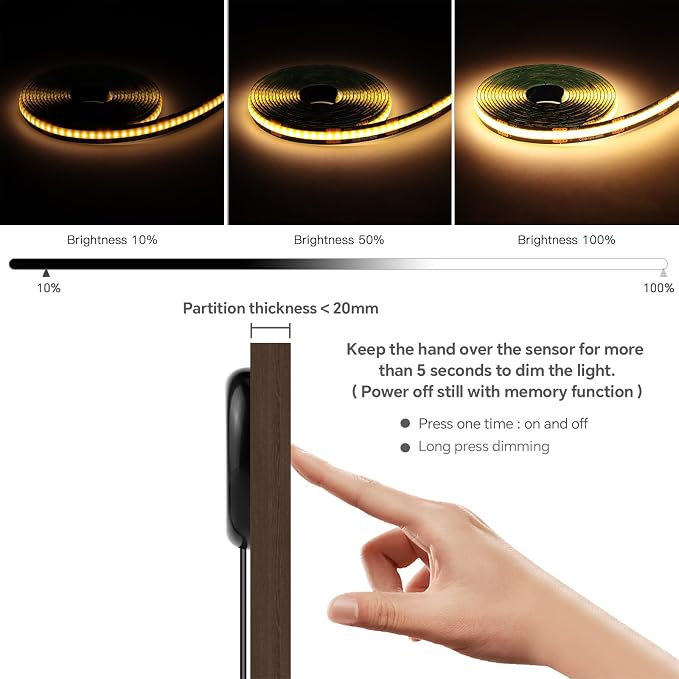 12V 10PCs Self-Adhesive Black COB LED Strip Light 3.3Ft | LED Recessed Lighting Kit with 100W Adapter 3000k Touch Dimmable Cabinet Light for Wood Slat Wall Panels Headboards Shelf