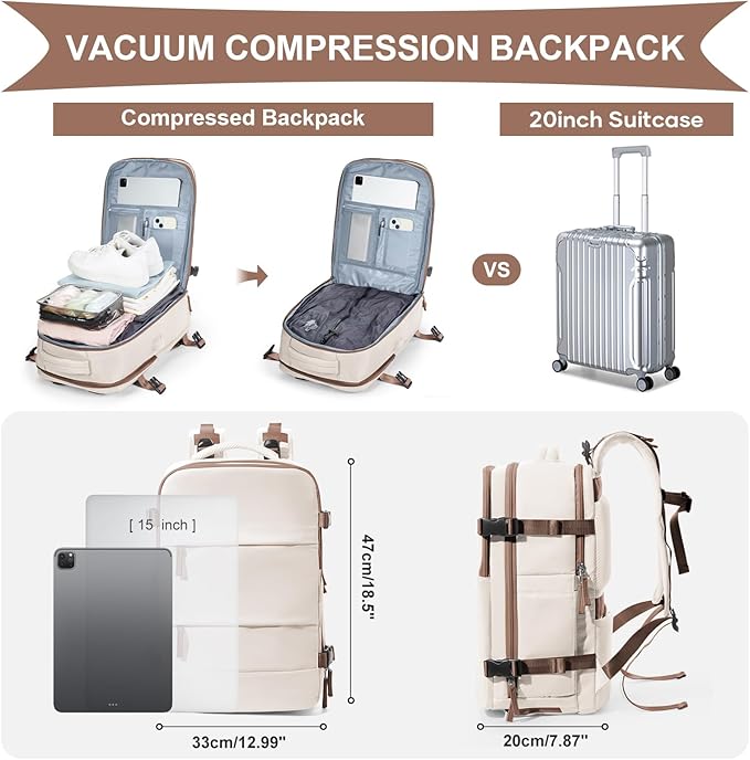 coowoz Vacuum Backpack Travel with Pump,Travel Backpack with Vacuum System For Women Men,Carry On Backpack,Hiking Backpack Waterproof Outdoor Sports Rucksack Daypack,30L(Vacuum pump) Beige Brown