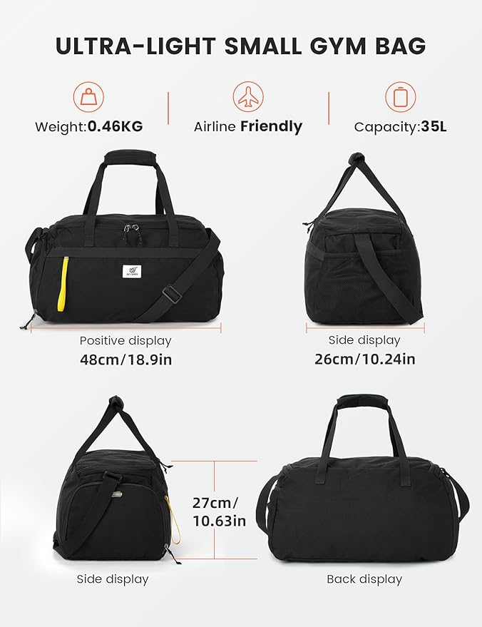 SKYSPER Gym Bag for Men & Women with Shoe Compartment, Carry-on Gym Duffle Bag for Travel and Sports, Workout Overnight Bag with Large Wet Pocket, Black