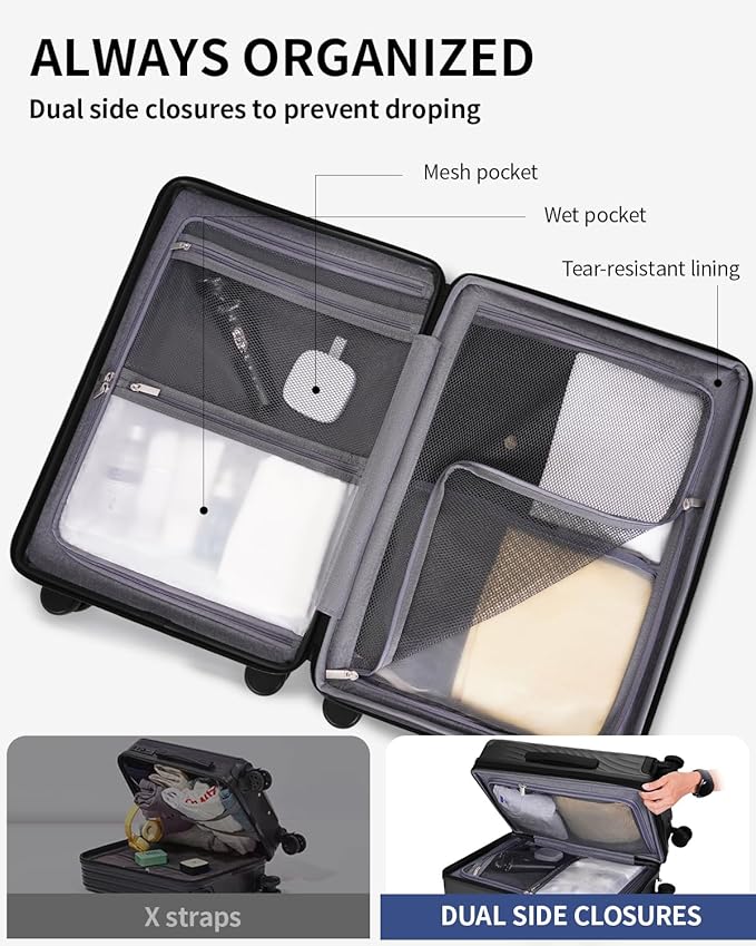 ECOHUB Hardside Expandable Carry On Luggage Sets, Recycled PC 20/24" Rolling Luggage Airline Approved with Spinner Wheels & TSA Lock, Lightweight Hardshell Travel Suitcase, 20+24 inch Carry-on Black