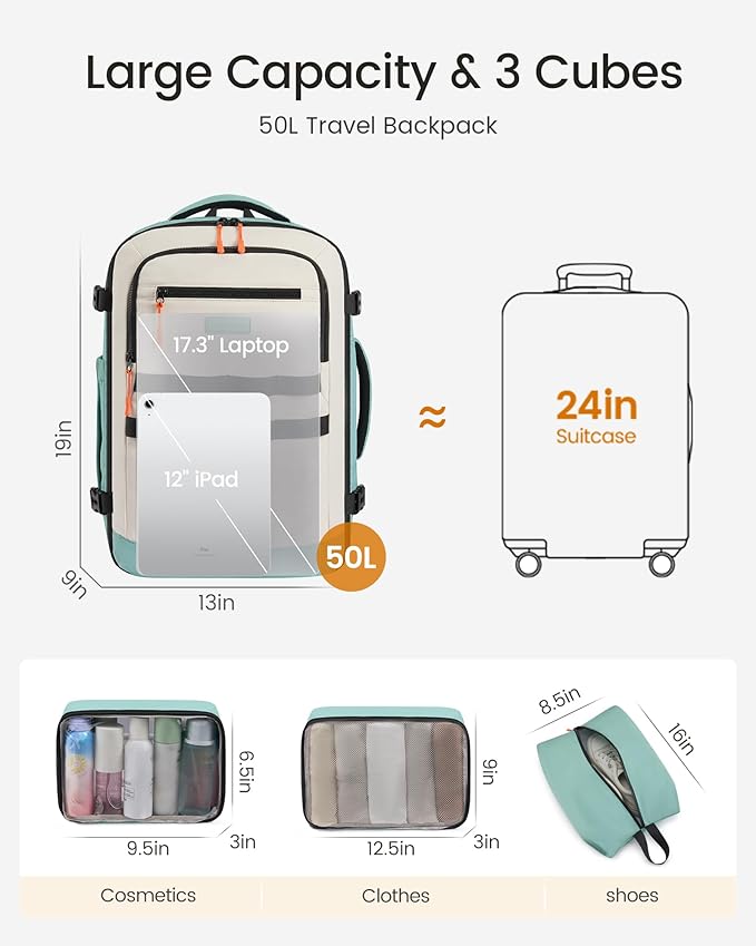 LOVEVOOK 50L Travel Backpack for Women & Men, TSA Approved Carry On Backpack with 3 Packing Cubes, Waterproof Personal Item Bag Fits 17" Laptop, Weekender Essentials Overnight Backpack for Trip