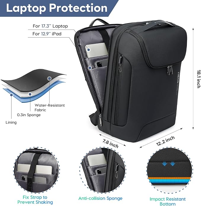 BANGE Men's Laptop Backpack for 17.3Inch Notebook,Waterproof Fashion Travel Backpacks,High Tech Backpack with Water Bottle, Work Business Backpacks for Men and Women