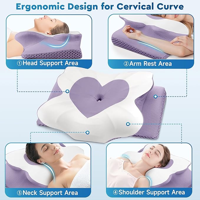 Cervical Neck Pillow, Memory Foam Neck Support Pillows for Sleeping, Shoulder Pillow for Side Sleepers, Back Stomach Sleepers, Queen Size, Lavender Color