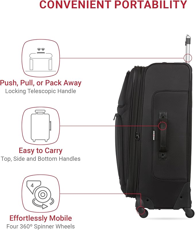 SWISSGEAR Sion Softside Expandable Spinner Luggage Durable Lightweight Travel Suitcase, Black, 3-Piece Set (21/25/29)