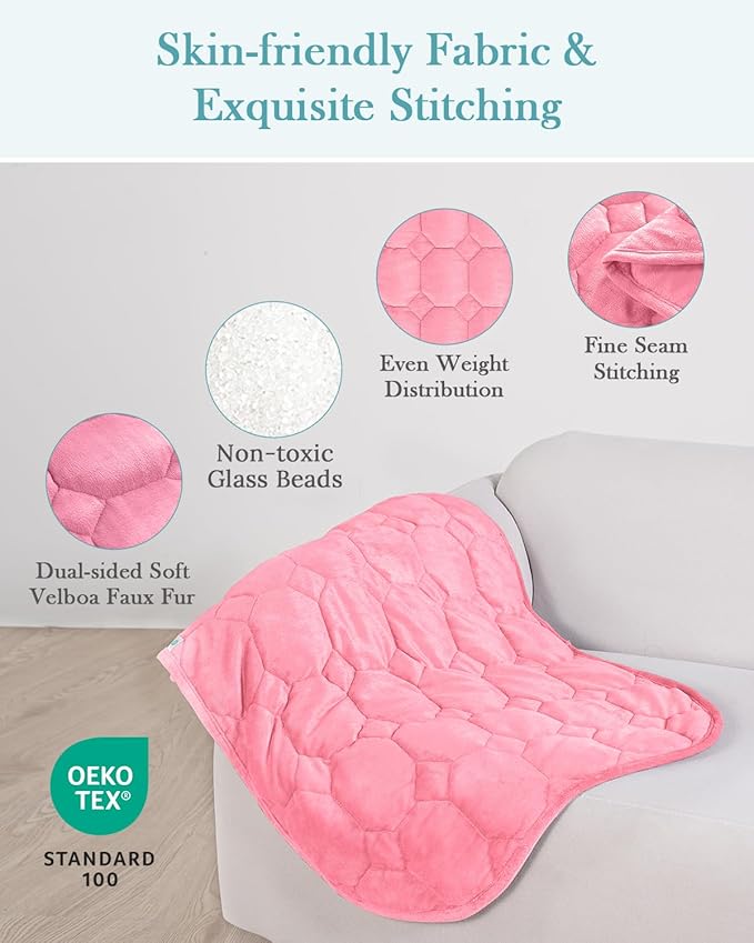 Topblan Weighted Lap Blanket 7lbs for Adults, Small Weighted Blanket Throw for Napping, Relaxation, Calming and Travel, Skin Friendly & Machine Washable for All-Season Sleeping, Pink 24x29 inches