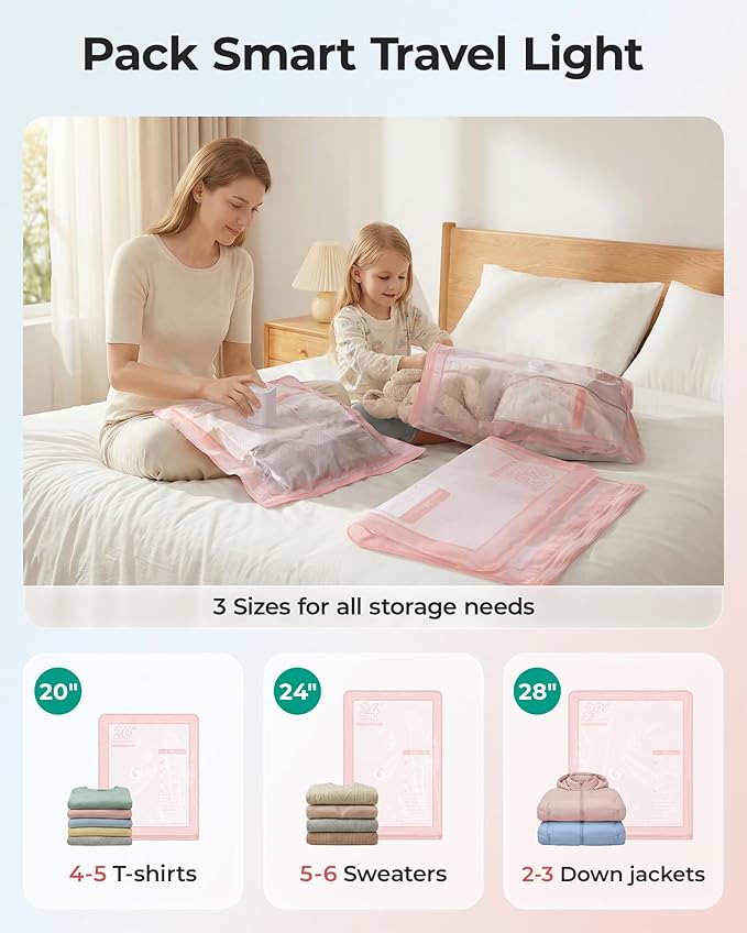 BAGSMART Vacuum Storage Bags with Portable Pump, Travel Space Saver Bags for Clothes, Heavy Duty Compression Bags for Storage, Vacuum Seal Bags with Hand Pump, Travel Essentials for Packing-Gray