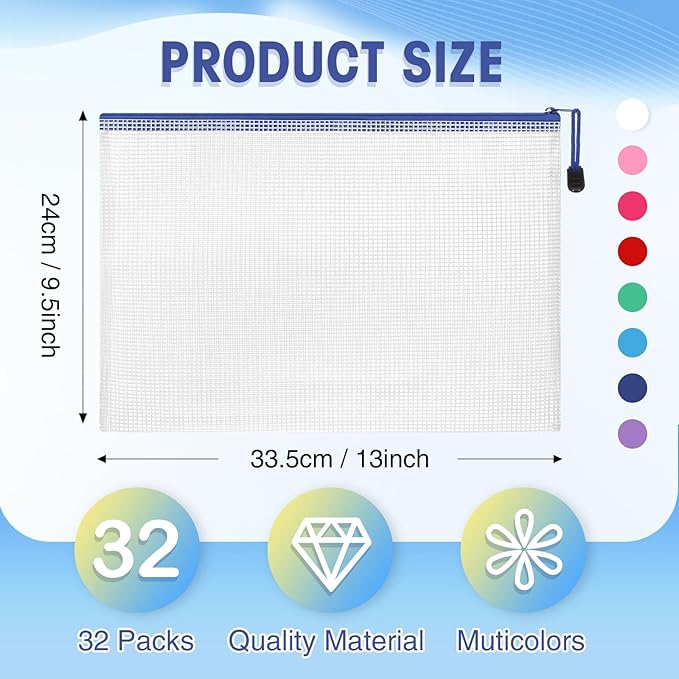 Jetec 32 Pcs Mesh Zipper Bags Toy Storage Bikini Organizer Bag Bolsas Para Guardar Trajes De Bano Waterproof Zipper Reusable Pouch Puzzle Multipurpose for Storage Office(Classic Color,13 x 9.5 Inch)