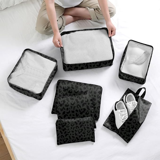 7 Set Packing Cubes Travel Luggage Organizers for Suitcase Travel Accessories with Shoe Bag for Women Girls Aesthetic Cute-Black Leopard Cheetah Pattern