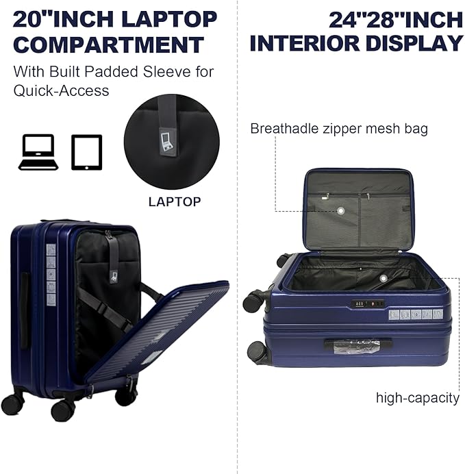 Merax Luggage Sets 3 Piece,Front Open PC Hardshell Expandable Carry on Suitcase with Spinner Wheels and TSA Lock,Lightweight 20in/24in/28in Luggage,Aqua Blue