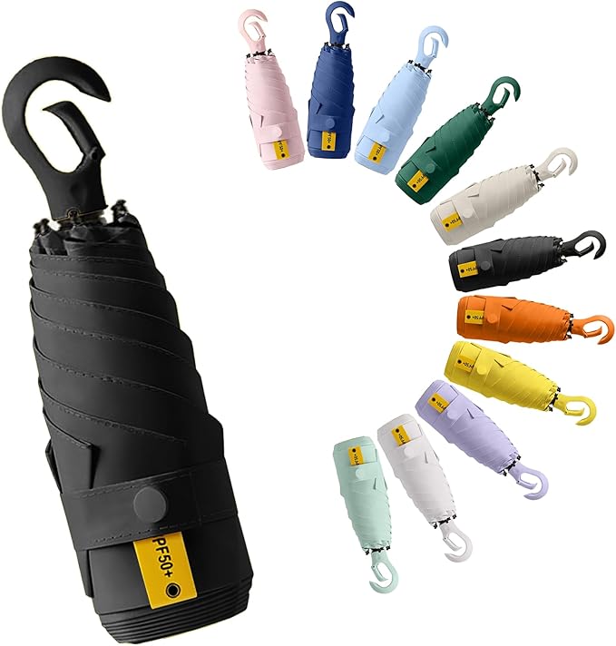 Mini Compact Folding Travel Umbrella with Carabiner Ring Handle,Fiberglass Ribs,UV Protection,UPF 50+ UV Sun Rain Protection,Lightweight Small,Handbag,Teflon Coating,Women Kids