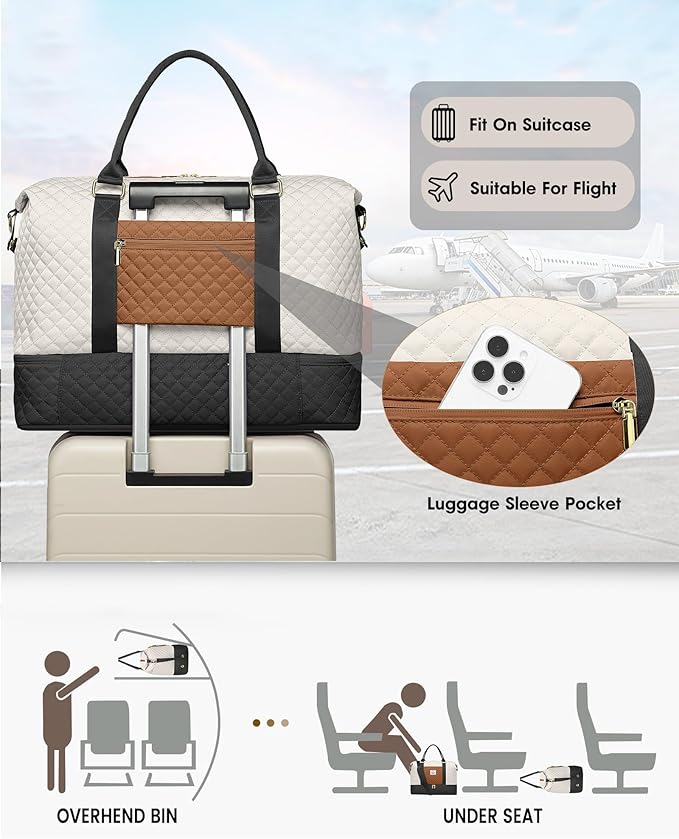 Travel Overnight Bag Weekender Bags - Duffle Bag Women with Shoe Compartment Carry on Tote Bag with Toiletry Bag Gym Duffel Bag with Wet Pocket Hospital Bags for Labor and Delivery Black White Brown