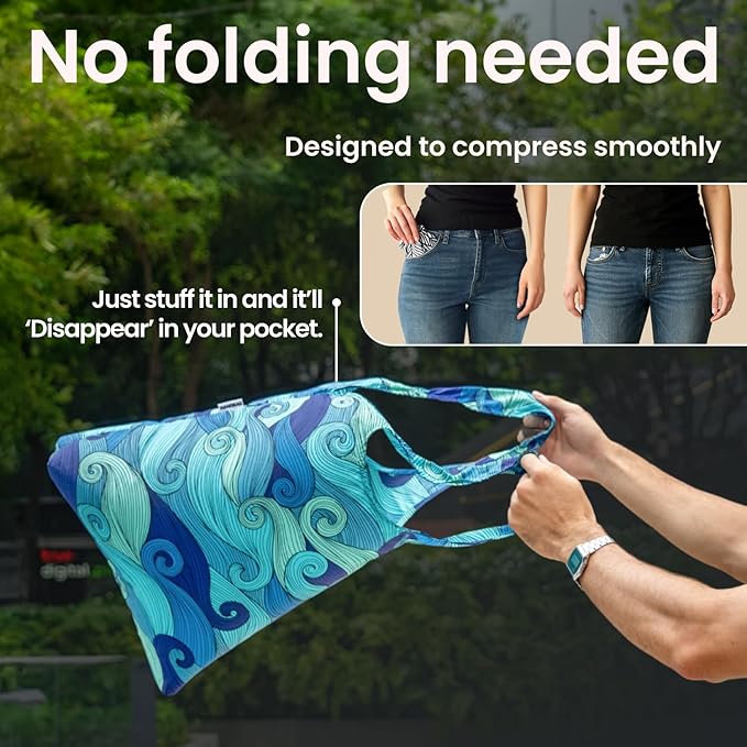 Nanobag Ultralight Foldable Tote for Women & Men, Reusable Grocery & Travel Bag, Packable Collapsible Compact Market Essential (Micro Blue Waves)