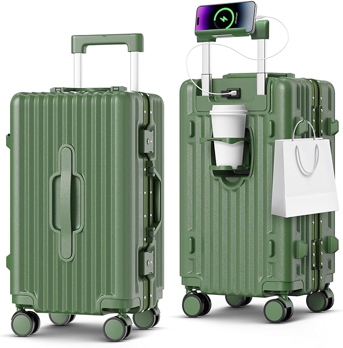 Carry on Luggage, 20 Inch Aluminum Frame PC Hardshell Suitcase with Cup Holder & Charger Port, Airline Approved Weekend Business Travel Case with Spinner Wheels, Tsa Lock