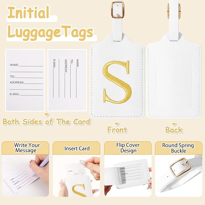 Personalized Initial Luggage Tags for Suitcases, Cute PU Leather Embroidered Letter Travel Luggage Tags, Suitcase Identifier Name Baggage Tag, Bag Tags for Men Women Kids Luggage Handbags(White S)