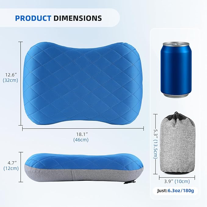 aiGear Inflatable Camping Pillow, Ultralight Compact Air Pillow Ergonomic Neck & Lumbar Support Portable Inflatable Pillow with Removable Washable Cover for Travel Backpacking Hiking (Blue)