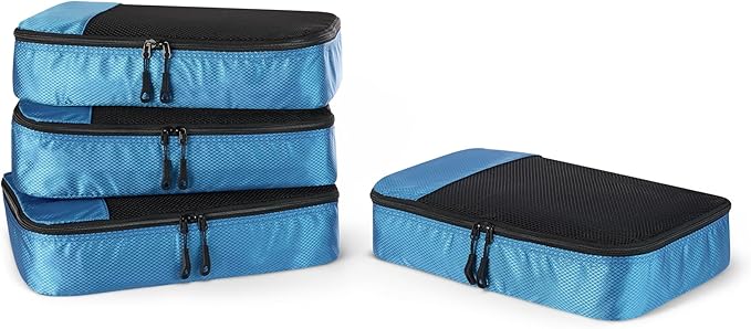 Amazon Essentials 4-Piece Packing Cubes Travel Accessories Set, Luggage Organizer with Double Zipper, Mesh Top, Space-Saving, Medium, Sky Blue (Previously Amazon Basics)