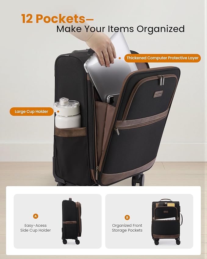 LOVEVOOK Carry On Luggage 22x14x9 Airline Approved,20 Inch Suitcases with Spinner Wheels,Softside Carry-on Suitcase with TSA Lock for Men Women Business Trip Weekender Travel,Navy blue&brown