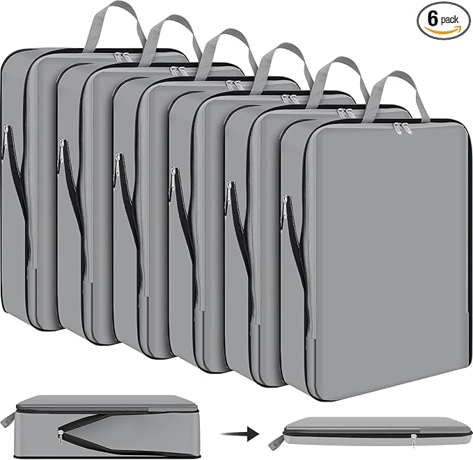 Hosuly 6 Pcs Ultralight Compression Packing Cubes for Travel 17.3 x 12.6'' XL Large Expandable Luggage Organizers for Save Space Family Long Trips (Dark Gray)