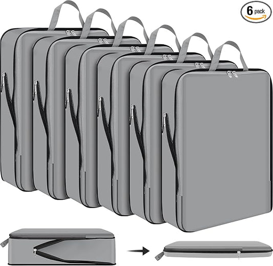Hosuly 6 Pcs Ultralight Compression Packing Cubes for Travel 17.3 x 12.6'' XL Large Expandable Luggage Organizers for Save Space Family Long Trips (Dark Gray)