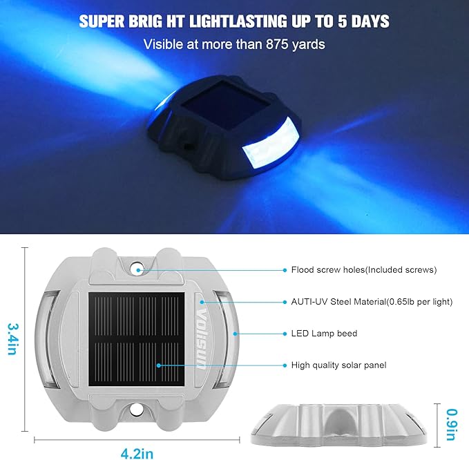 VOLISUN Solar Deck Driveway Dock Lights,Solar Pathway Lights,Blue 12 Pack | Solar Powered LED, IP68 Waterproof Led Outdoor Warning Step Marine Lights for Sidewalk Garden Yard