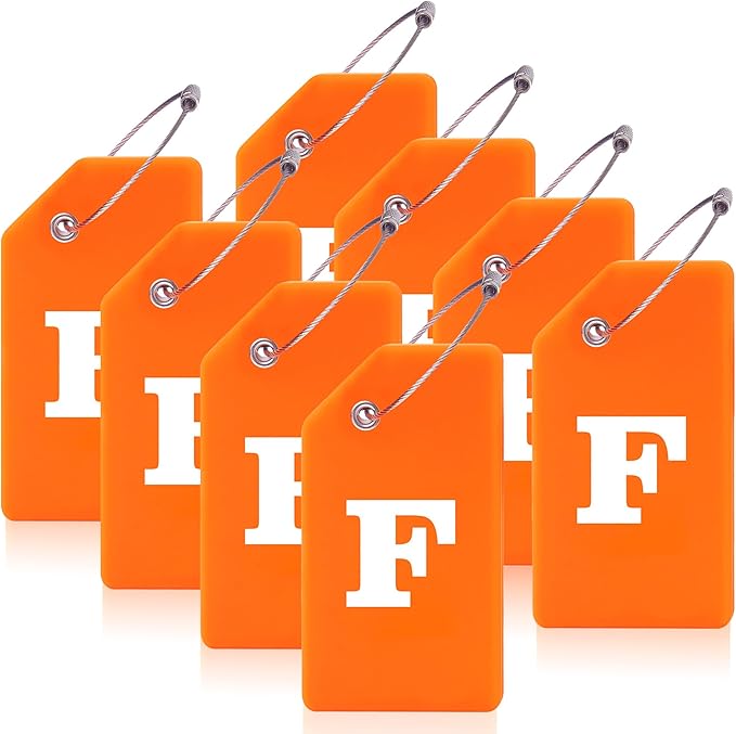 Gostwo 8 Pack Luggage Tags for Suitcases, 26 Initial Letter Travel Luggage Baggage Identification Labels ID Tags Fully Bendable Tags with Stainless Steel Loop (Letter F, Orange)