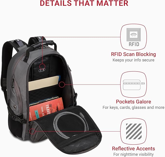 SWISSGEAR 1900 ScanSmart TSA Laptop Backpack Fits 17 Inch Laptop with RFID Protection and Tablet Pocket, Sting Grey Ballistic, 19-Inch