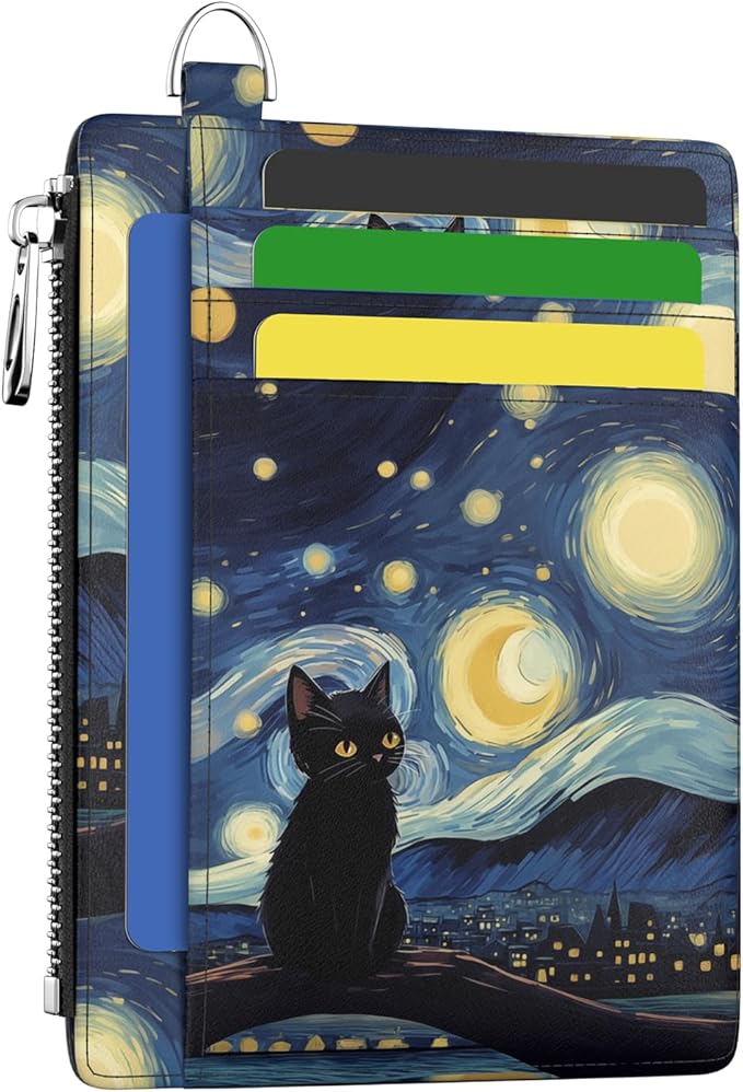 Hancynir Slim Wallet Women Credit Card Holder Black Cat Starry Night RFID Small Mini Card Case Front Pocket PU Leather Thin Travel Zipper Coin Cash ID Window Girls Wallet Gifts