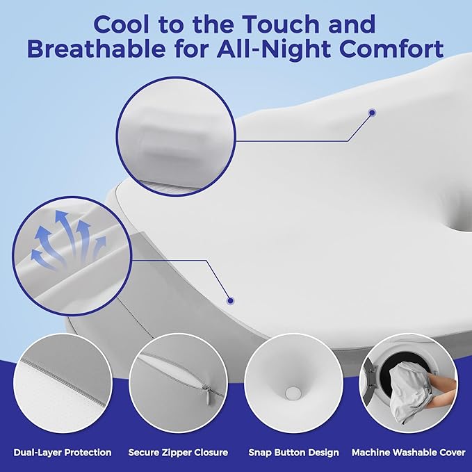 Cervical Neck Pillow for Sleeping, Ergonomic Side Sleeper Pillow, Memory Foam Pillows for Neck and Shoulder Pain Relief, Removable Washable Cooling Cover, Grey & White