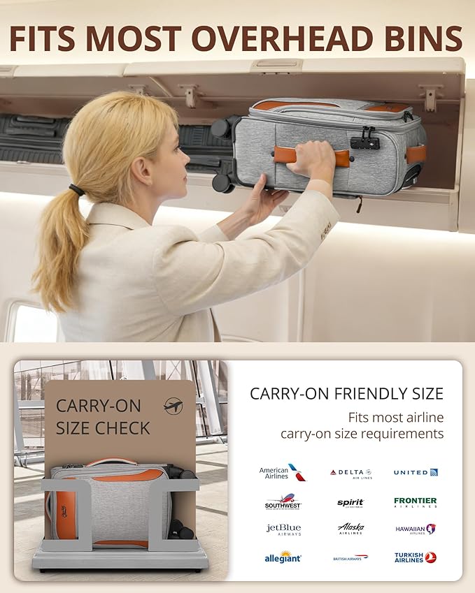 Carry On Luggage 22x14x9 Airline Approved, 20 Inch Softside Suitcase with 4 Pcs, Lightweight Luggage for Women Men with TSA Lock and 4 Spinner Wheels, Soft Side Carry-on Suitcases for Travel, Grey