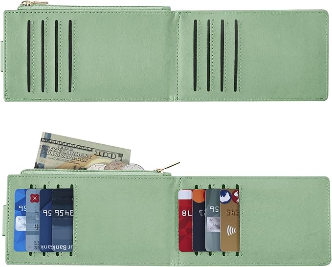 Chelmon Womens Wallet Slim RFID Blocking Bifold Multi Card Case Wallet with Zipper Pocket (Light Green)