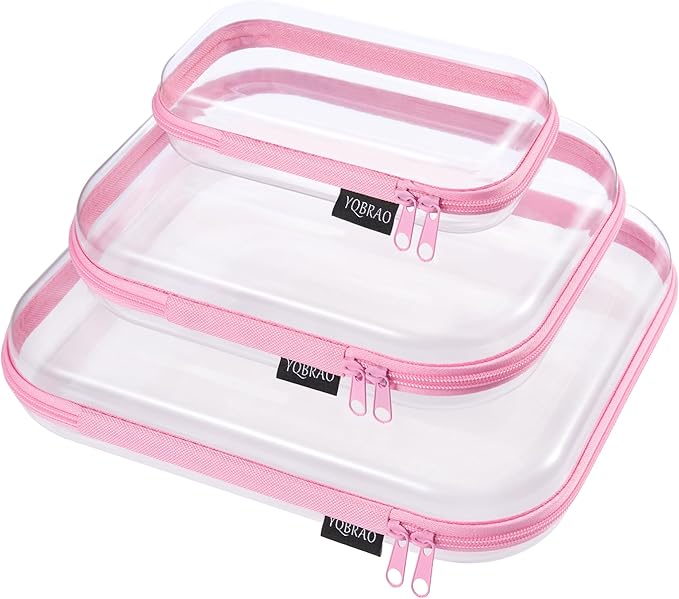 YQBRAO 3 Pack Hard Sided Clear Zipper Case for Storage- Thickened-Grade Clear Hard Shell Zipper Case for Organizing Bead, Handicrafts, Sewing, Playdoh (Pink, LMS)