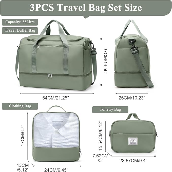 Extra Large Travel Duffle Bag,Carry on Overnight Weekend Bag with Shoes Compartment,Weekender Bags for Women for Travel Business Trips Sport Hospital,3 Pcs Set,Olive Green