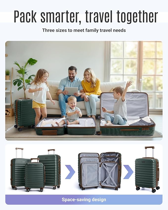 LIGHT FLIGHT Luggage Sets, 3 Piece Durable Suitcase Set with Spinner Wheels, 3 Pcs Hard Shell Lightweight Luggage with TSA Lock, Large Checked Travel Suitcases, 20/24/28 Inch,Green/Brown